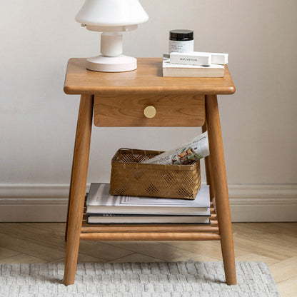 Traditional Rustic Cherry Wood Paulownia Wood Trapezoidal Sturdy Side Table 1-Drawer For Living Room & Bedroom