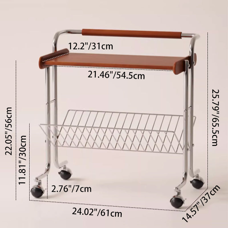 Contemporary Industrial Stainless Steel Rubberwood Rectangular Movable Side Table 2-Tier For Living Room