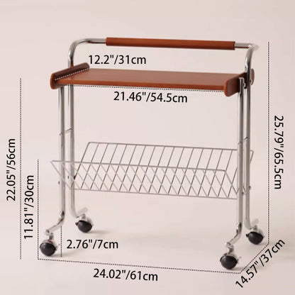 Contemporary Industrial Stainless Steel Rubberwood Rectangular Movable Side Table 2-Tier For Living Room