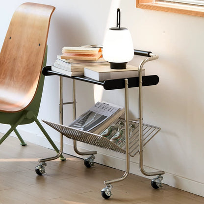 Contemporary Industrial Stainless Steel Rubberwood Rectangular Movable Side Table 2-Tier For Living Room
