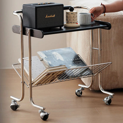 Contemporary Industrial Stainless Steel Rubberwood Rectangular Movable Side Table 2-Tier For Living Room