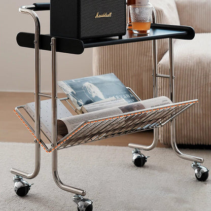 Contemporary Industrial Stainless Steel Rubberwood Rectangular Movable Side Table 2-Tier For Living Room