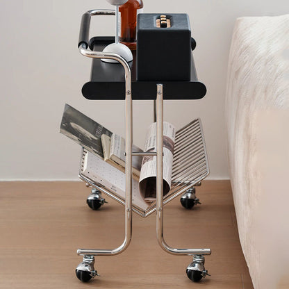 Contemporary Industrial Stainless Steel Rubberwood Rectangular Movable Side Table 2-Tier For Living Room