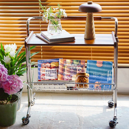 Contemporary Industrial Stainless Steel Rubberwood Rectangular Movable Side Table 2-Tier For Living Room