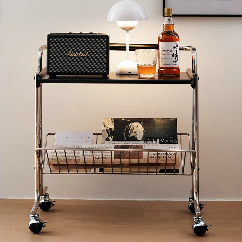 Contemporary Industrial Stainless Steel Rubberwood Rectangular Movable Side Table 2-Tier For Living Room