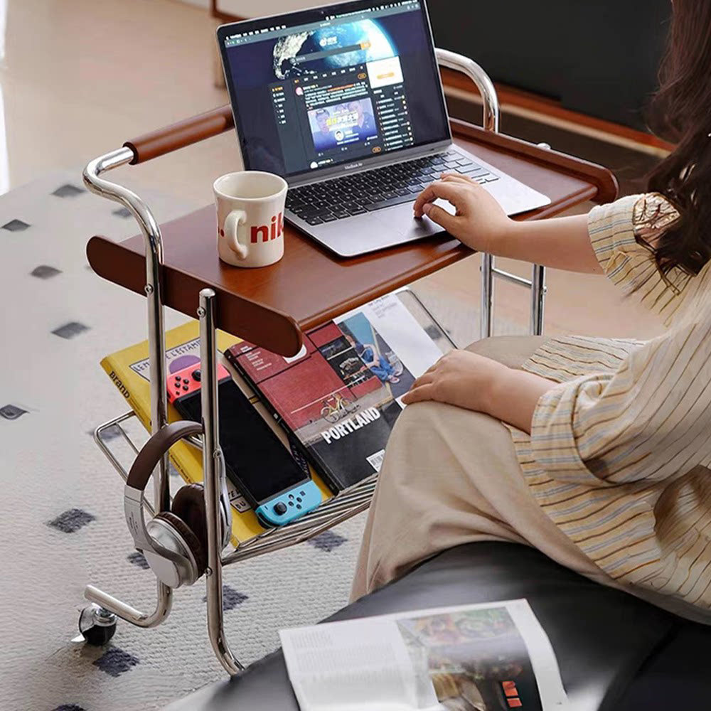 Contemporary Industrial Stainless Steel Rubberwood Rectangular Movable Side Table 2-Tier For Living Room