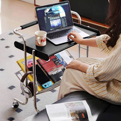 Contemporary Industrial Stainless Steel Rubberwood Rectangular Movable Side Table 2-Tier For Living Room