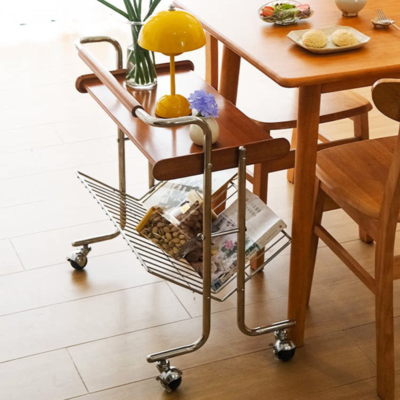Contemporary Industrial Stainless Steel Rubberwood Rectangular Movable Side Table 2-Tier For Living Room