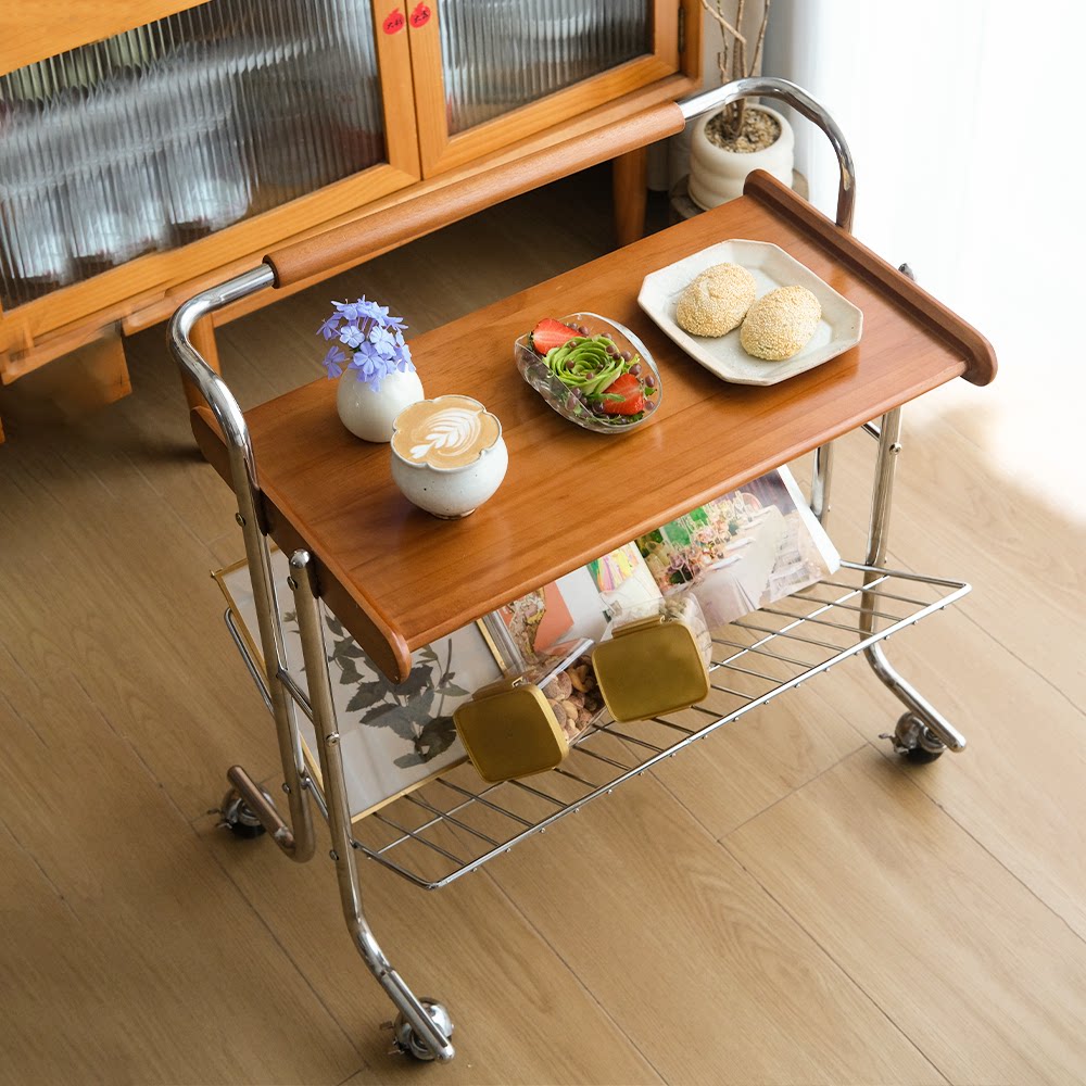 Contemporary Industrial Stainless Steel Rubberwood Rectangular Movable Side Table 2-Tier For Living Room