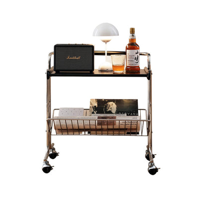 Contemporary Industrial Stainless Steel Rubberwood Rectangular Movable Side Table 2-Tier For Living Room