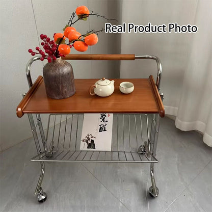 Contemporary Industrial Stainless Steel Rubberwood Rectangular Movable Side Table 2-Tier For Living Room