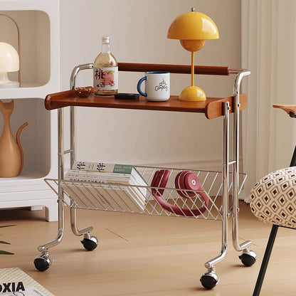 Contemporary Industrial Stainless Steel Rubberwood Rectangular Movable Side Table 2-Tier For Living Room