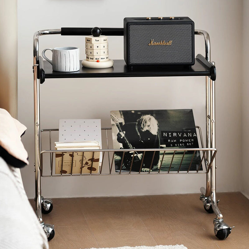 Contemporary Industrial Stainless Steel Rubberwood Rectangular Movable Side Table 2-Tier For Living Room