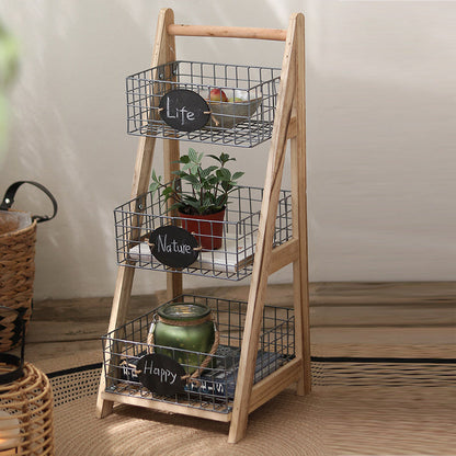 Modern Minimalist Iron Fir Wood Triangular Storage Shelf 3-Basket For Living Room