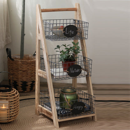 Modern Minimalist Iron Fir Wood Triangular Storage Shelf 3-Basket For Living Room