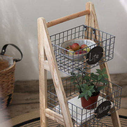 Modern Minimalist Iron Fir Wood Triangular Storage Shelf 3-Basket For Living Room