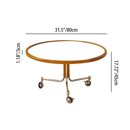 Traditional Vintage Cherry Wood Stainless Steel Composite Board Round Movable Coffee Table 1-Tier For Living Room