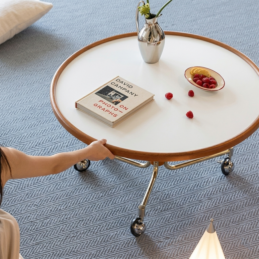 Traditional Vintage Cherry Wood Stainless Steel Composite Board Round Movable Coffee Table 1-Tier For Living Room