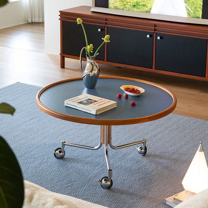 Traditional Vintage Cherry Wood Stainless Steel Composite Board Round Movable Coffee Table 1-Tier For Living Room