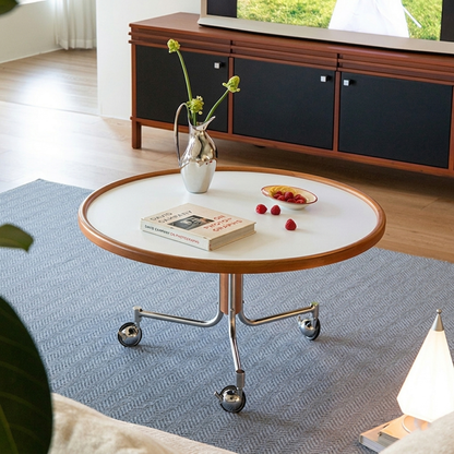 Traditional Vintage Cherry Wood Stainless Steel Composite Board Round Movable Coffee Table 1-Tier For Living Room