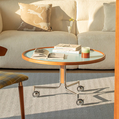 Traditional Vintage Cherry Wood Stainless Steel Composite Board Round Movable Coffee Table 1-Tier For Living Room