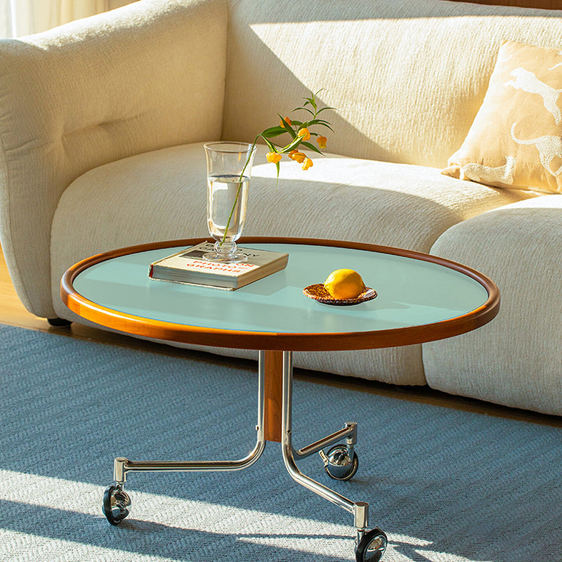 Traditional Vintage Cherry Wood Stainless Steel Composite Board Round Movable Coffee Table 1-Tier For Living Room