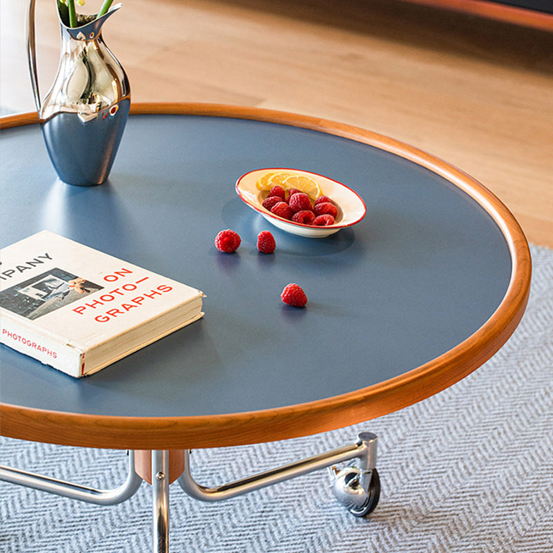 Traditional Vintage Cherry Wood Stainless Steel Composite Board Round Movable Coffee Table 1-Tier For Living Room