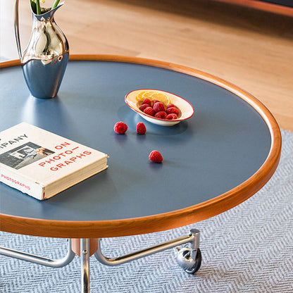 Traditional Vintage Cherry Wood Stainless Steel Composite Board Round Movable Coffee Table 1-Tier For Living Room