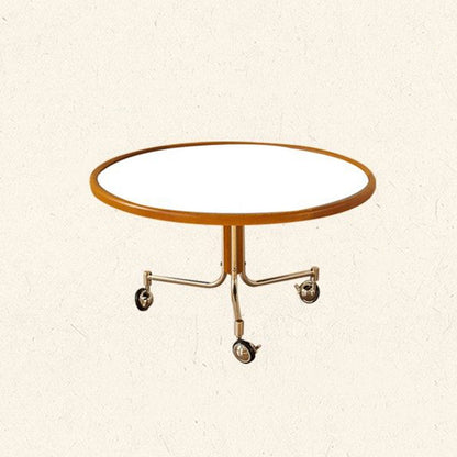 Traditional Vintage Cherry Wood Stainless Steel Composite Board Round Movable Coffee Table 1-Tier For Living Room