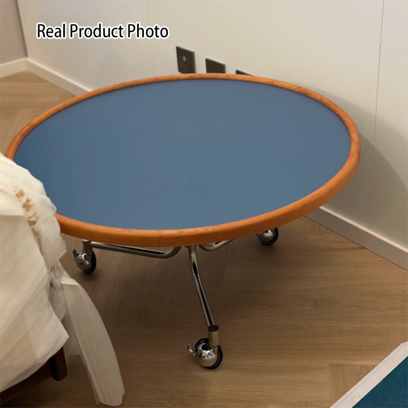 Traditional Vintage Cherry Wood Stainless Steel Composite Board Round Movable Coffee Table 1-Tier For Living Room
