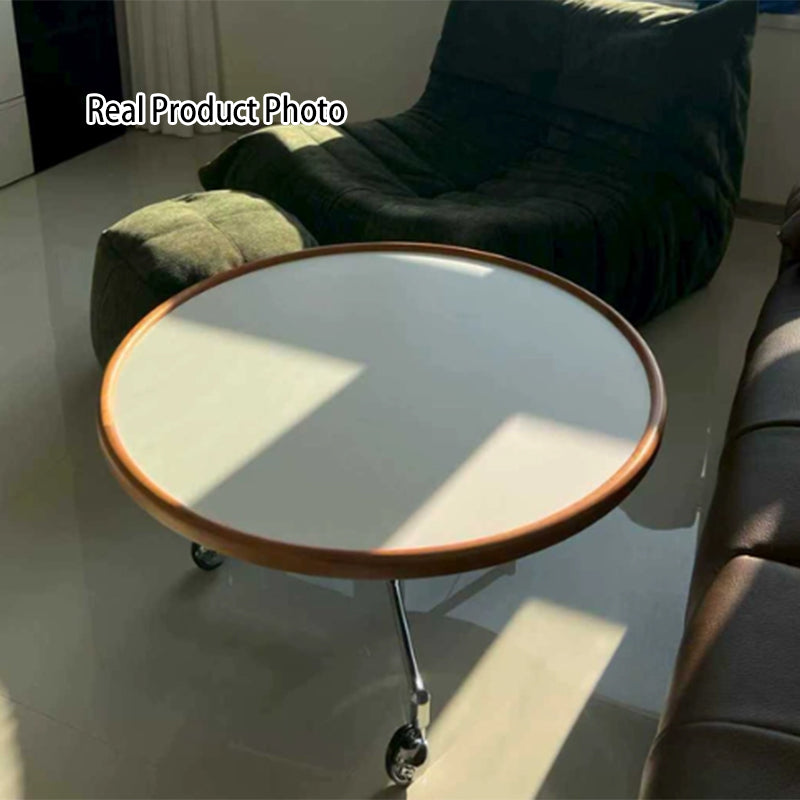 Traditional Vintage Cherry Wood Stainless Steel Composite Board Round Movable Coffee Table 1-Tier For Living Room