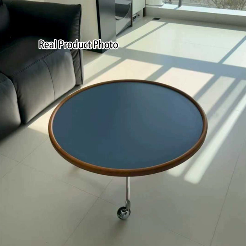 Traditional Vintage Cherry Wood Stainless Steel Composite Board Round Movable Coffee Table 1-Tier For Living Room