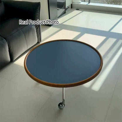 Traditional Vintage Cherry Wood Stainless Steel Composite Board Round Movable Coffee Table 1-Tier For Living Room