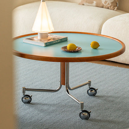 Traditional Vintage Cherry Wood Stainless Steel Composite Board Round Movable Coffee Table 1-Tier For Living Room