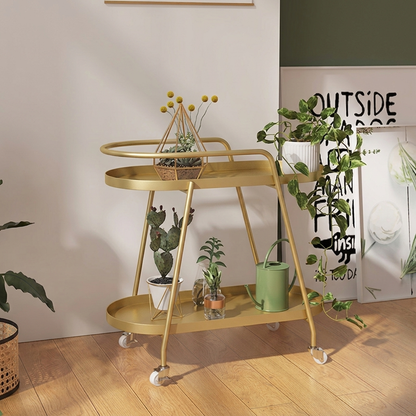 Contemporary Industrial Iron Elliptical Indoor Movable Flower Storage Shelf 2-Tier For Living Room & Balcony