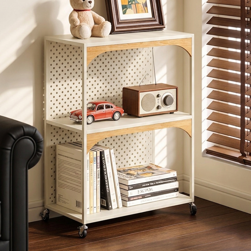 Contemporary Industrial Iron Fiberboard Rectangular Movable Display Rack 2/3-Tier For Living Room