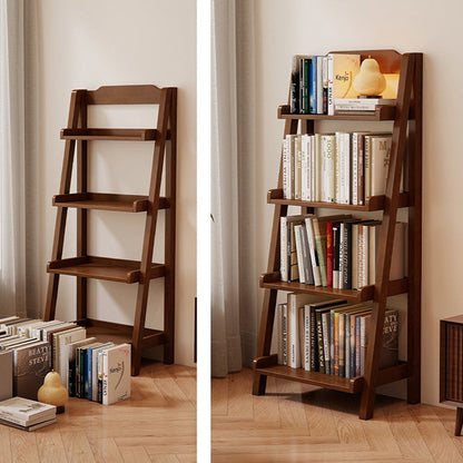 Traditional Japanese Rubberwood Rectangular Triangle Frame Floor-Standing Bookshelf 4-Tier For Living Room & Study