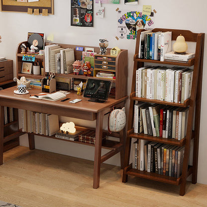 Traditional Japanese Rubberwood Rectangular Triangle Frame Floor-Standing Bookshelf 4-Tier For Living Room & Study