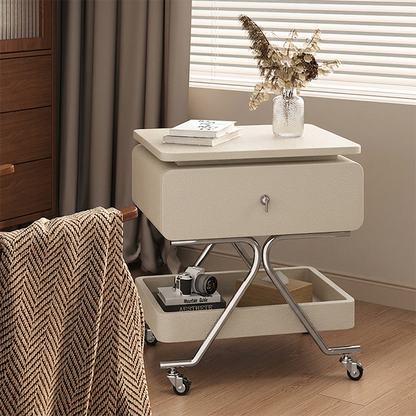 Contemporary Industrial Plywood Stainless Steel Faux Leather Rectangular Movable End Table 1-Drawer For Living Room & Bedroom