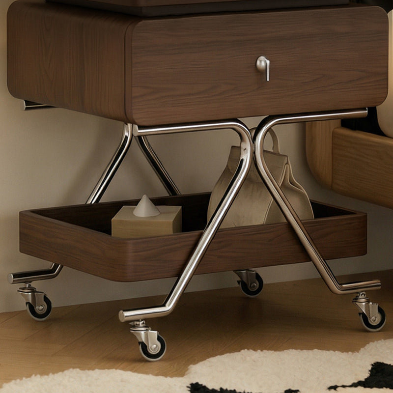 Contemporary Industrial Plywood Stainless Steel Faux Leather Rectangular Movable End Table 1-Drawer For Living Room & Bedroom