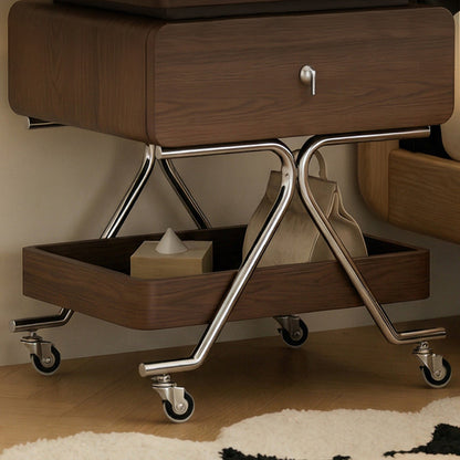 Contemporary Industrial Plywood Stainless Steel Faux Leather Rectangular Movable End Table 1-Drawer For Living Room & Bedroom