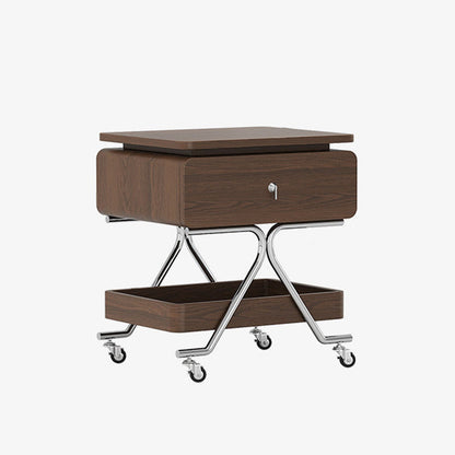 Contemporary Industrial Plywood Stainless Steel Faux Leather Rectangular Movable End Table 1-Drawer For Living Room & Bedroom