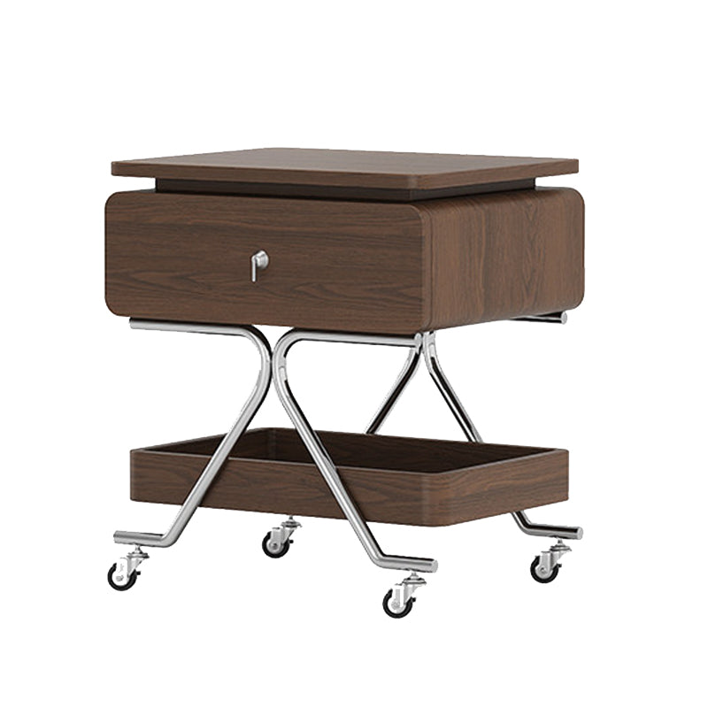Contemporary Industrial Plywood Stainless Steel Faux Leather Rectangular Movable End Table 1-Drawer For Living Room & Bedroom