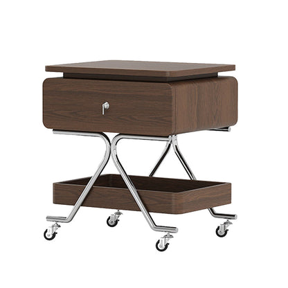 Contemporary Industrial Plywood Stainless Steel Faux Leather Rectangular Movable End Table 1-Drawer For Living Room & Bedroom