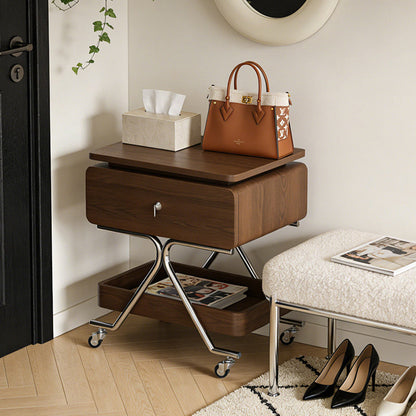 Contemporary Industrial Plywood Stainless Steel Faux Leather Rectangular Movable End Table 1-Drawer For Living Room & Bedroom