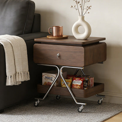 Contemporary Industrial Plywood Stainless Steel Faux Leather Rectangular Movable End Table 1-Drawer For Living Room & Bedroom