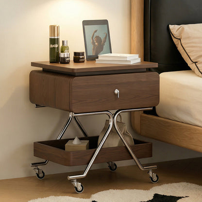 Contemporary Industrial Plywood Stainless Steel Faux Leather Rectangular Movable End Table 1-Drawer For Living Room & Bedroom