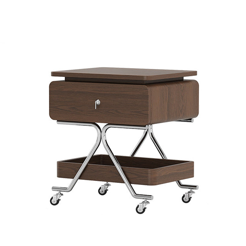 Contemporary Industrial Plywood Stainless Steel Faux Leather Rectangular Movable End Table 1-Drawer For Living Room & Bedroom