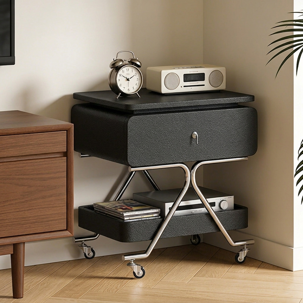 Contemporary Industrial Plywood Stainless Steel Faux Leather Rectangular Movable End Table 1-Drawer For Living Room & Bedroom