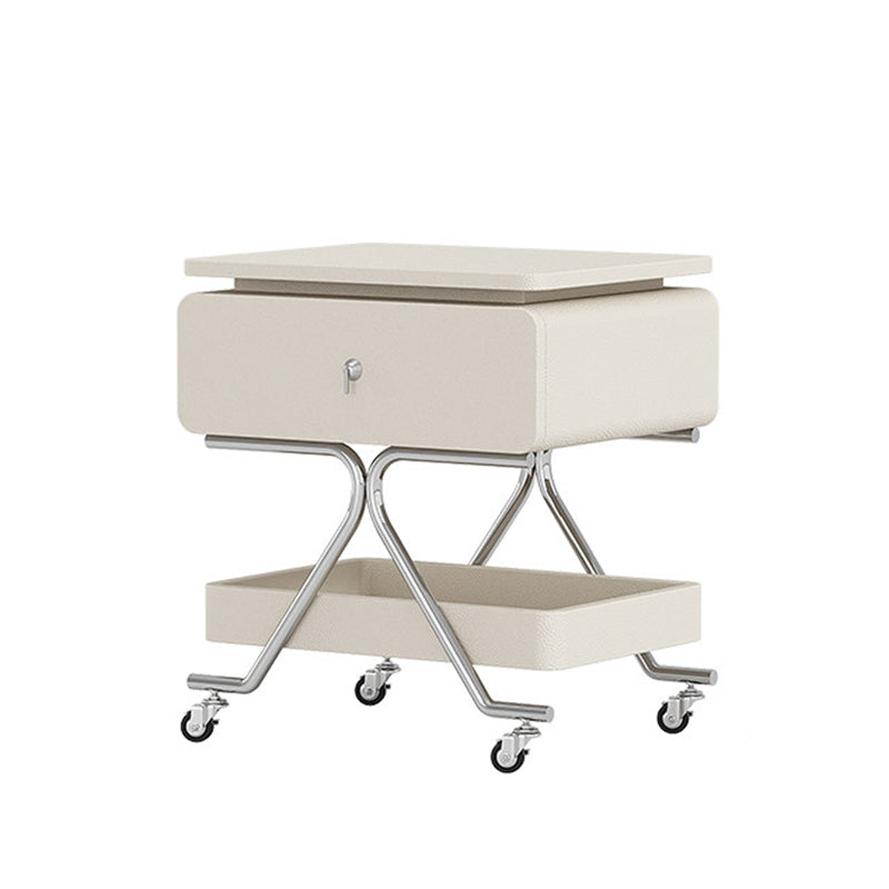 Contemporary Industrial Plywood Stainless Steel Faux Leather Rectangular Movable End Table 1-Drawer For Living Room & Bedroom